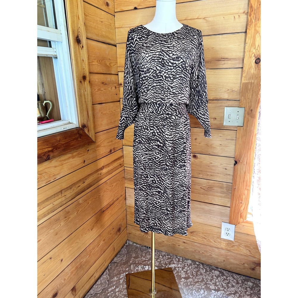 Vintage Silk Midi Dress Women Size 8 Brown Zebra Print Dolman A Detacher